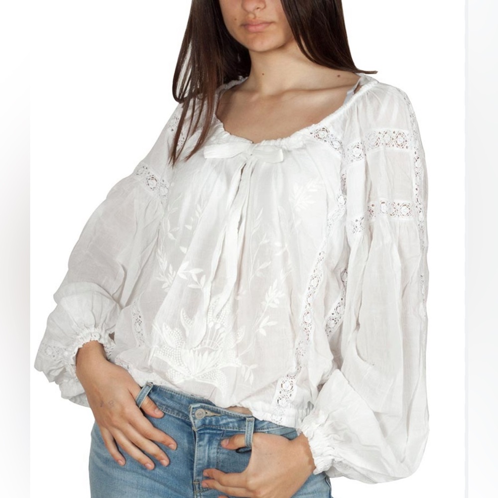 Free People Maria Maria White Embroidered Peasant Blouse